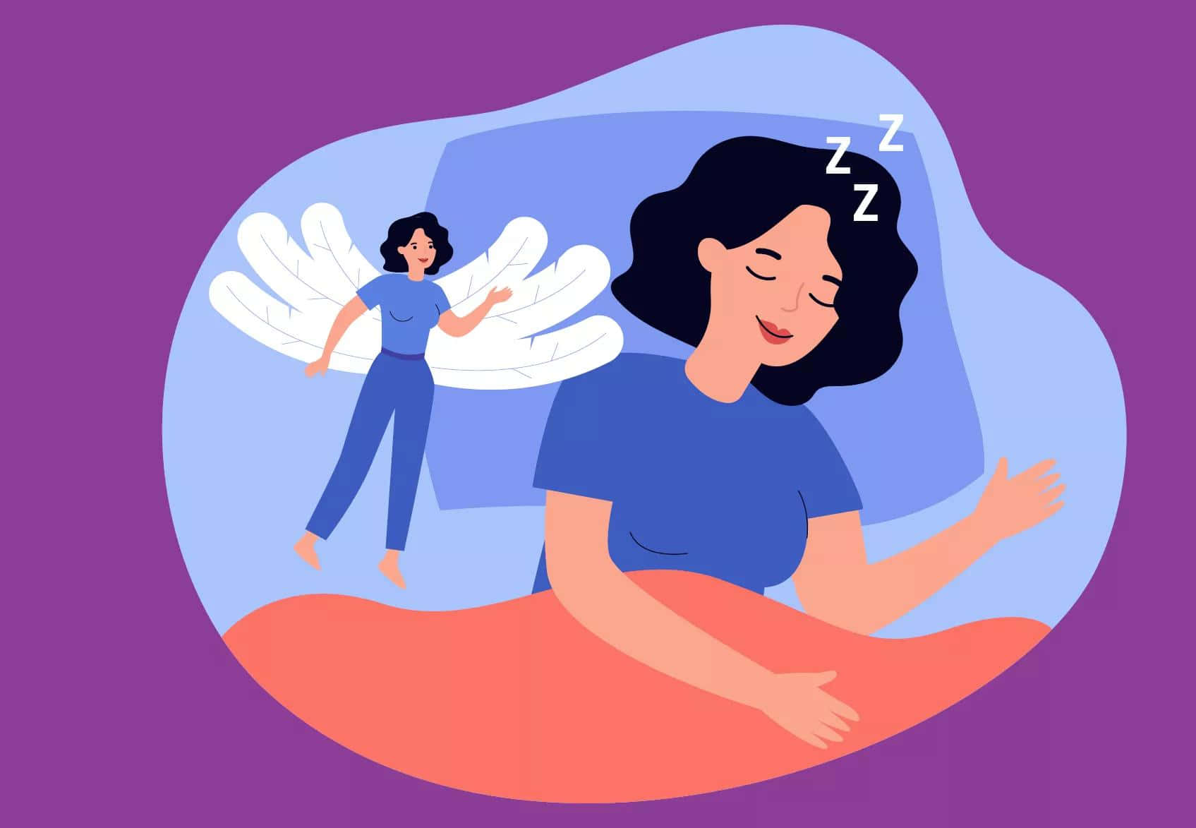 壁紙 — 一名女子在床上安詳入睡，一個帶翅膀的小天使輕輕懸浮在她身旁，兩者都被柔和的紫色和藍色色調包圍。