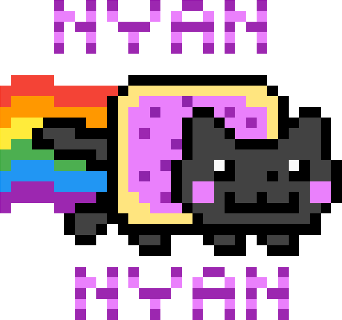 貓咪Nyan像素藝術 壁紙 — 像素藝術貓，帶有彩虹軌跡和紫色文字「NYAN」，背景為黑色。