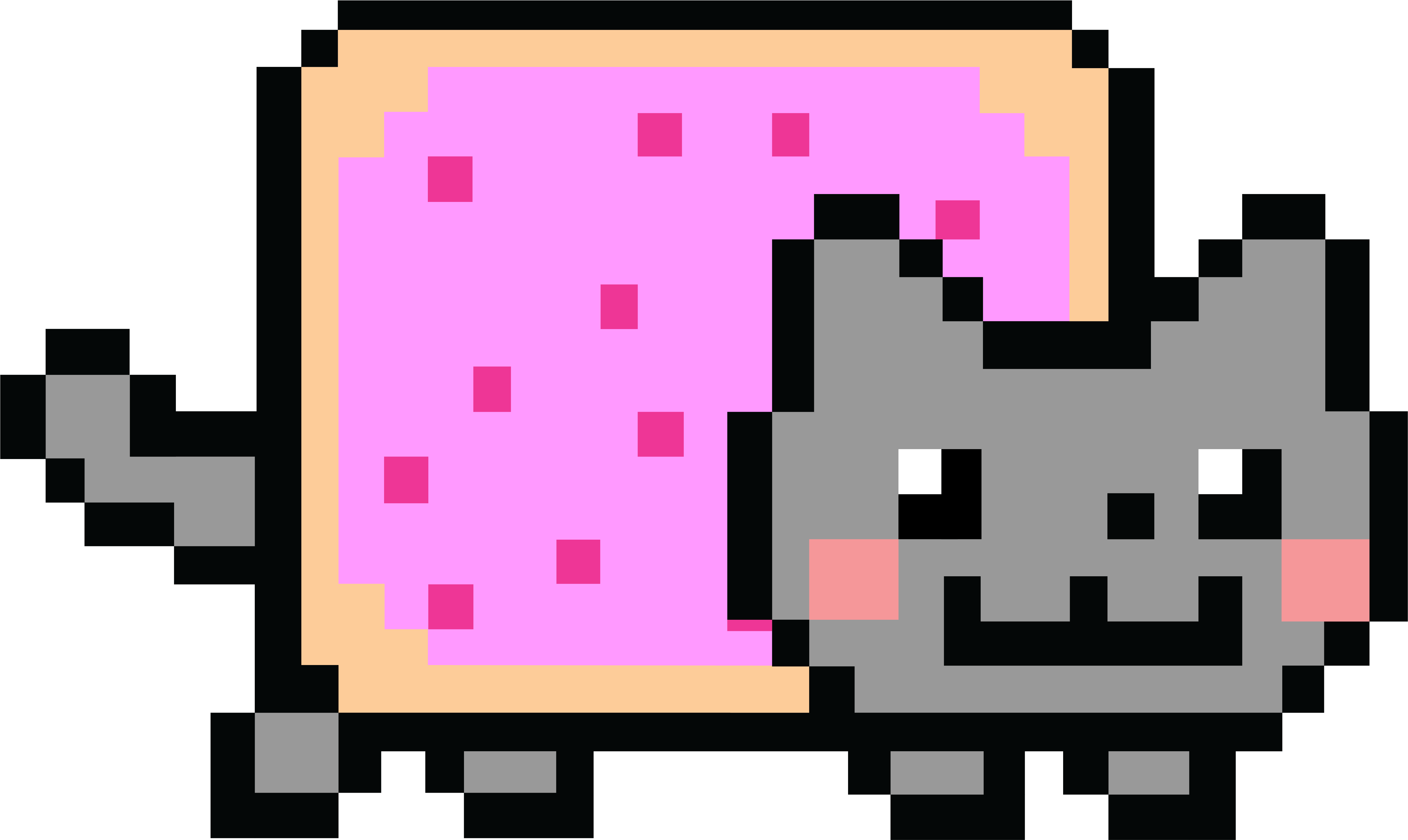 像素化Nyan Cat 壁紙 — 一隻像素化灰貓在黑色背景上高興地拿著一個有糖霜和彩針的粉紅色糖霜甜甜圈。