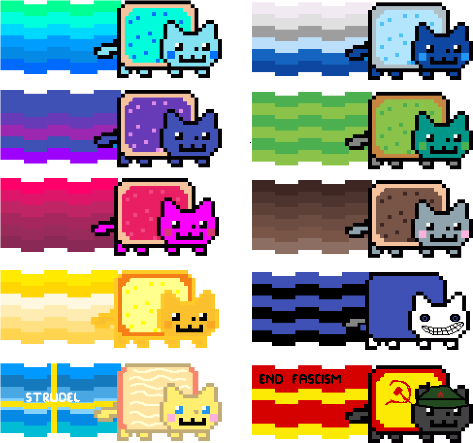 Nyan Cat 多種像素藝術變體 壁紙 — 像素藝術網格中的 Nyan Cat，背景色彩繽紛，主題變化包括 strudel 和政治諷刺。