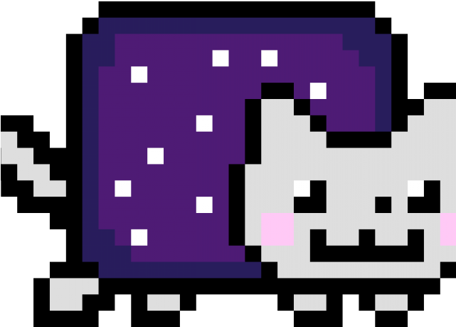 像素 Nyan Cat 壁紙 — 一隻像素化白貓，粉紅臉頰，在黑色背景上快樂地推著一個帶有白色圓點的紫色盒子。