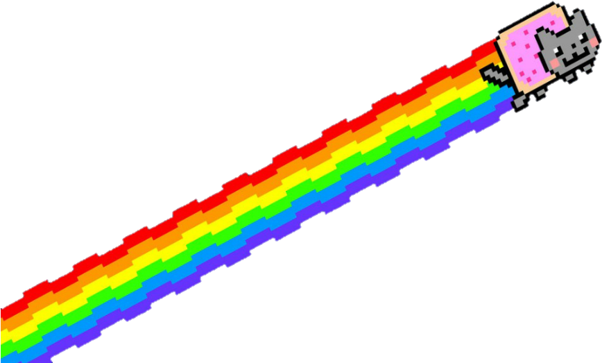 像素藝術Nyan Cat 壁紙 — 一隻像素貓戴著粉紅色糖霜頭帶，在黑色背景上飛馳，留下一道鮮豔的彩虹痕跡。