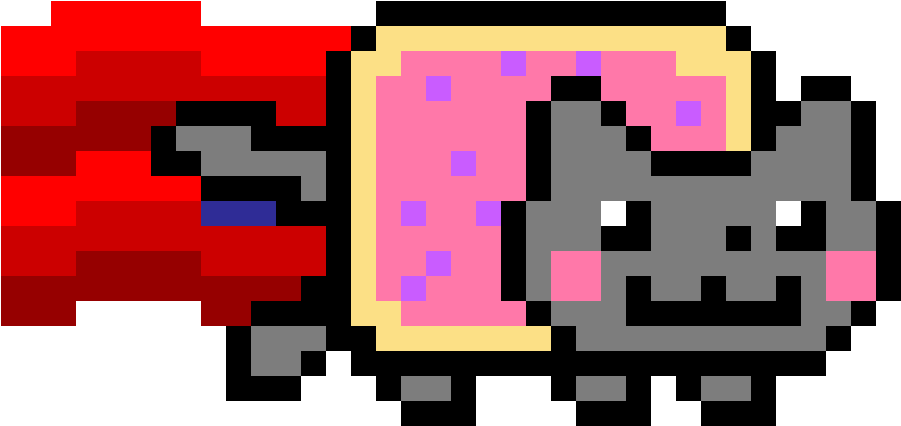 Nyan Cat 像素藝術 壁紙 — 一隻像素化的灰色貓咪，臉頰粉紅，在黑色背景前快樂地吃著一個帶有紫色糖粒的粉紅色糖霜甜甜圈。