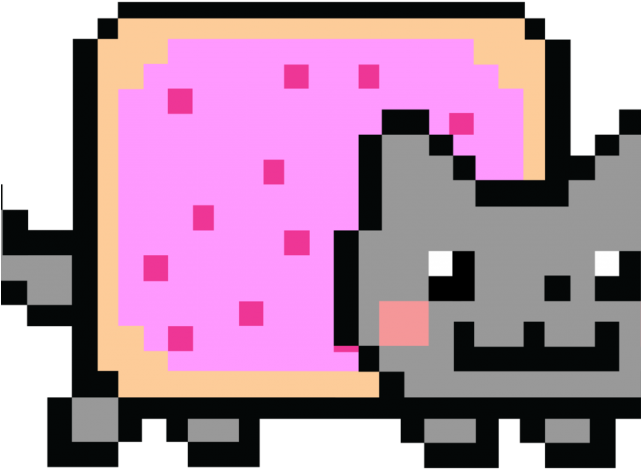 Nyan Cat 像素藝術 壁紙 — 一隻像素化嘅灰色貓開心咁食緊一個咬咗一啖嘅粉紅色糖霜冬甩。