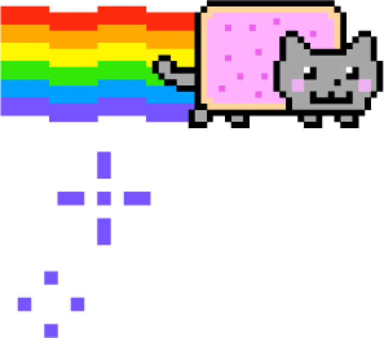 像素藝術貓咪Nyan Cat 壁紙 — 一隻像素化的灰色貓咪，尾巴是粉紅色糖霜甜甜圈，在黑色背景上留下鮮豔的彩虹痕跡。