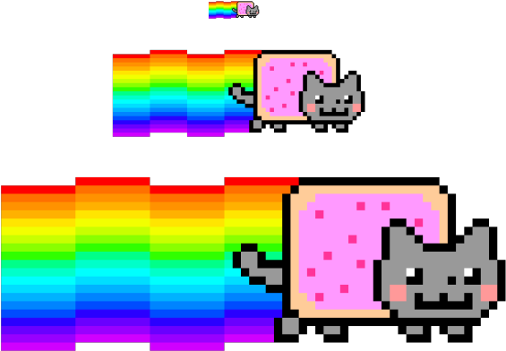 Nyan Cat 像素藝術 壁紙 — 像素化灰色貓咪，帶有粉紅色糖霜蛋糕尾巴，在黑色背景上留下彩虹痕跡。