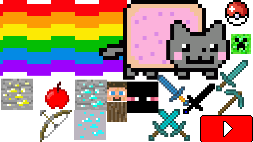 Nyan Cat 與經典遊戲物品 壁紙 — 像素藝術拼貼，包含網絡迷因和遊戲圖標，包括彩虹旗 Nyan Cat 和 Minecraft 物品。