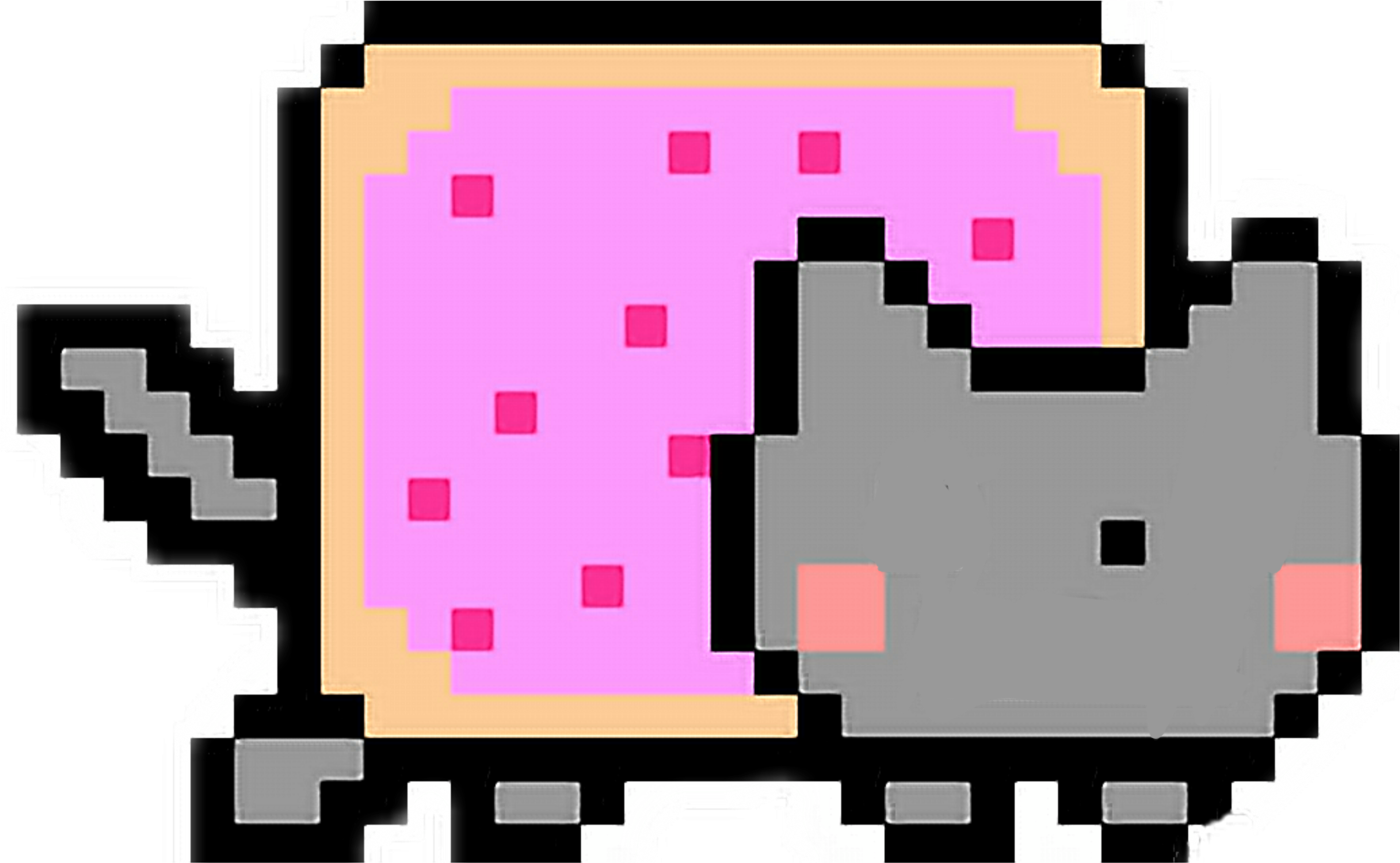 像素藝術Nyan Cat 壁紙 — 一隻像素化灰色貓咪在黑色背景上快樂地吃著帶白色輪廓的粉紅色糖霜冬甩。