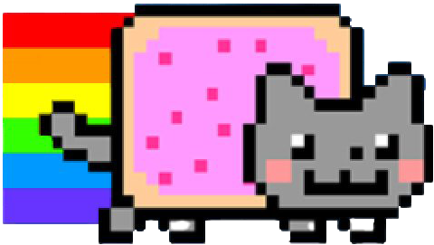 Nyan Cat 萬花筒彩虹波派 壁紙 — 一隻像素藝術貓，擁有粉紅色糖霜甜甜圈身體和彩虹尾巴，在白色背景上快樂地滑行。