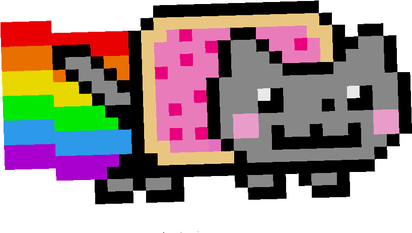 深色背景下的像素Nyan Cat 壁紙 — 像素化彩虹貓，帶有彩虹軌跡和粉紅色糖霜蛋糕背景，黑色背景。