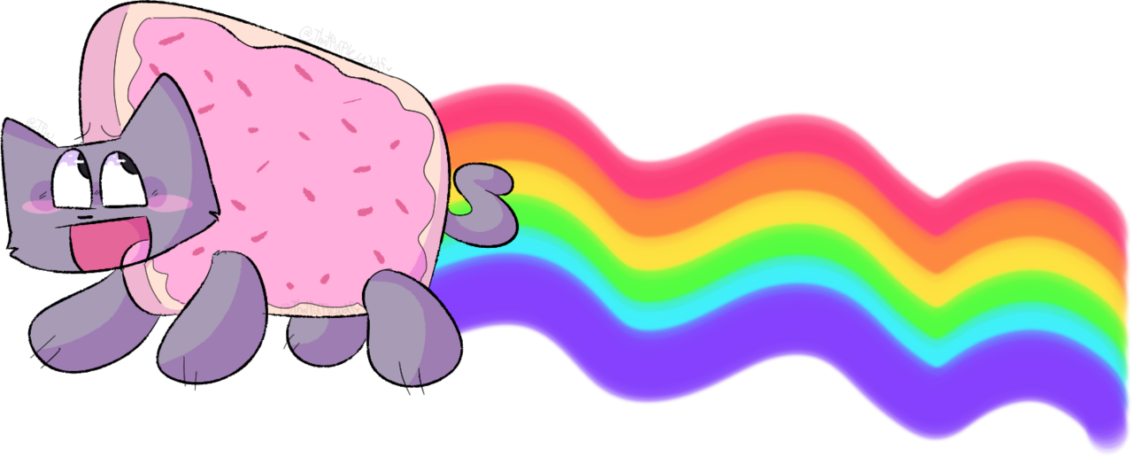 Nyan Cat Pop-Tart 彩虹尾跡 壁紙 — 一隻快樂的卡通貓，身體是粉紅色糖霜甜甜圈，在黑色背景上留下充滿活力的彩虹痕跡。