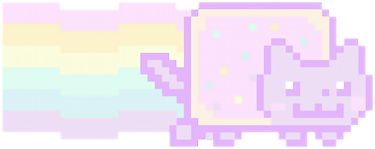 像素藝術Nyan Cat 壁紙 — 一隻帶有彩虹痕跡的像素貓在柔和漸變的天空中滑行。