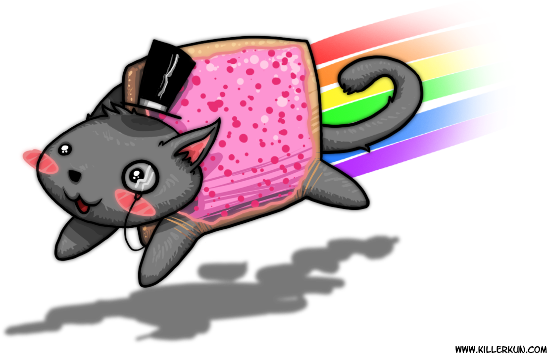 Nyan Cat 原創插畫 壁紙 — 一隻戴著高帽、身穿粉紅色糖霜火箭裝的卡通灰色貓，帶著彩虹軌跡衝過太空。
