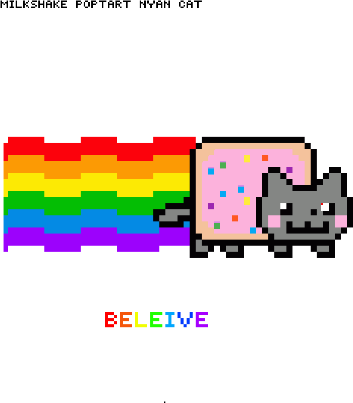 像素藝術彩虹Nyan Cat 壁紙 — 一隻像素化的灰色貓咪快樂地奔跑，帶著彩虹軌跡和一個粉紅色糖霜甜甜圈，下方「BELEIVE」一詞以彩虹字母發光。