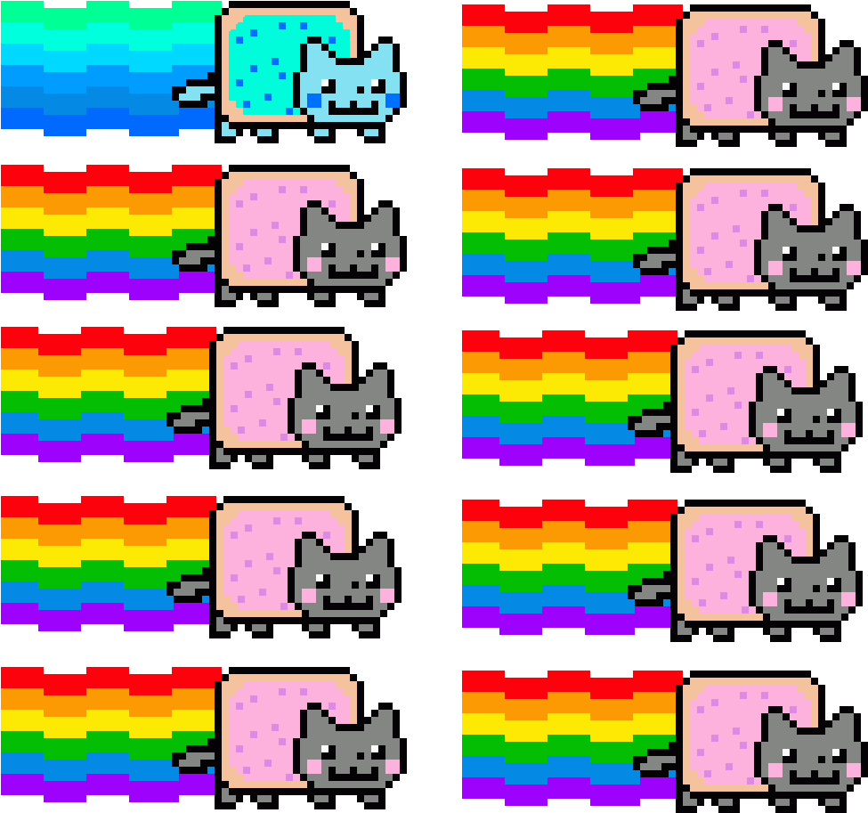 Nyan Cat 模式背景 壁紙 — 像素藝術網格中的Nyan Cat，帶有彩虹軌跡和粉紅雲背景，襯以黑色。