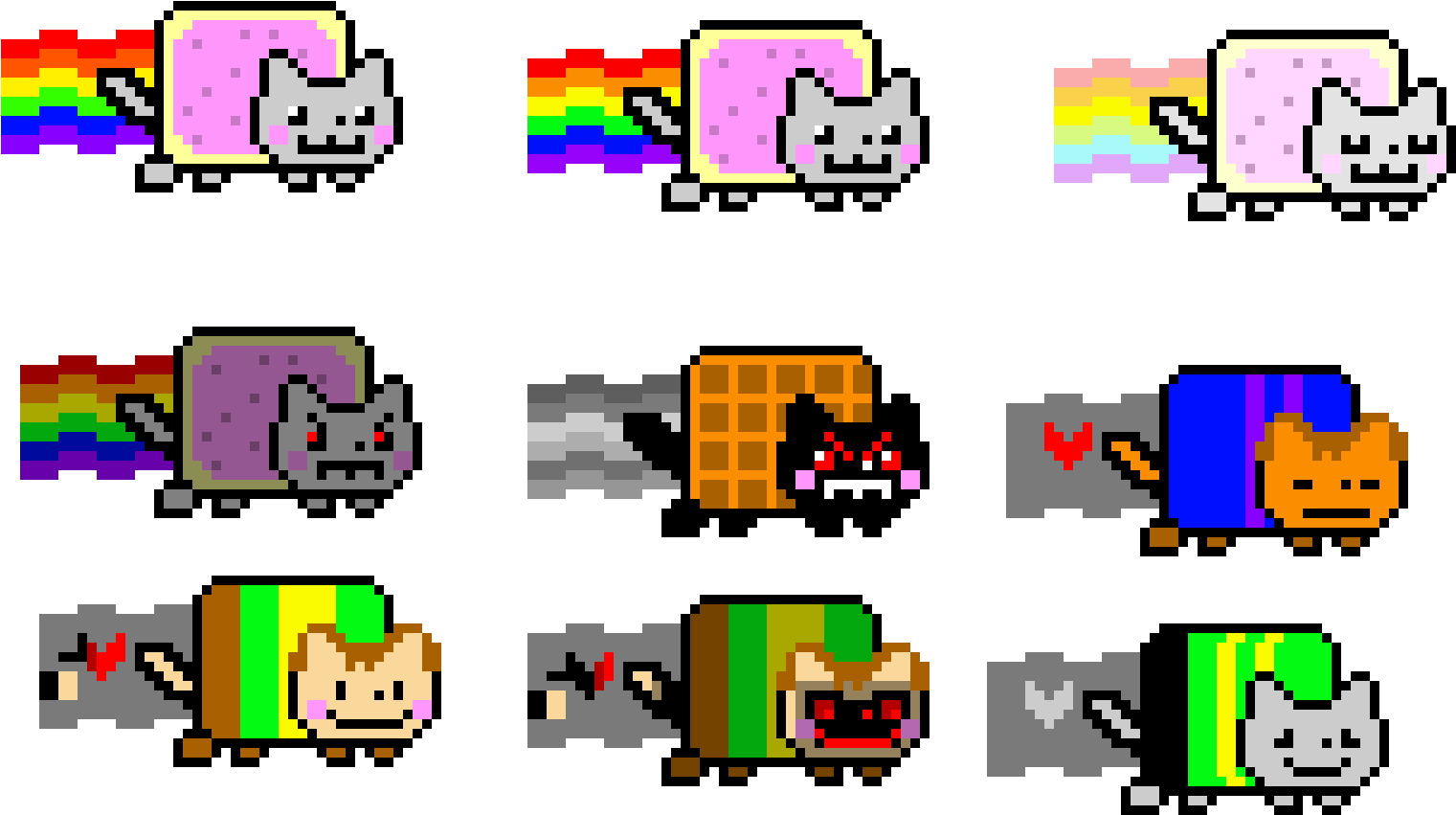 Nyan Cat多種像素藝術變體 壁紙 — 像素藝術網格，展示 Nyan Cat 及其變體，帶有彩虹軌跡和色彩繽紛的方塊身體，背景為黑色。