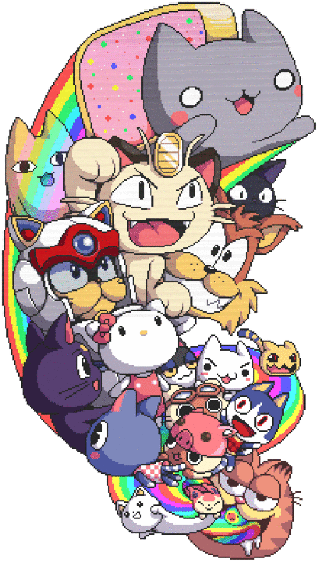 Nyan Cat與流行文化角色 壁紙 — 一幅充滿活力的像素藝術拼貼畫，描繪了各種卡通貓咪，帶有彩虹色調和俏皮的表情。