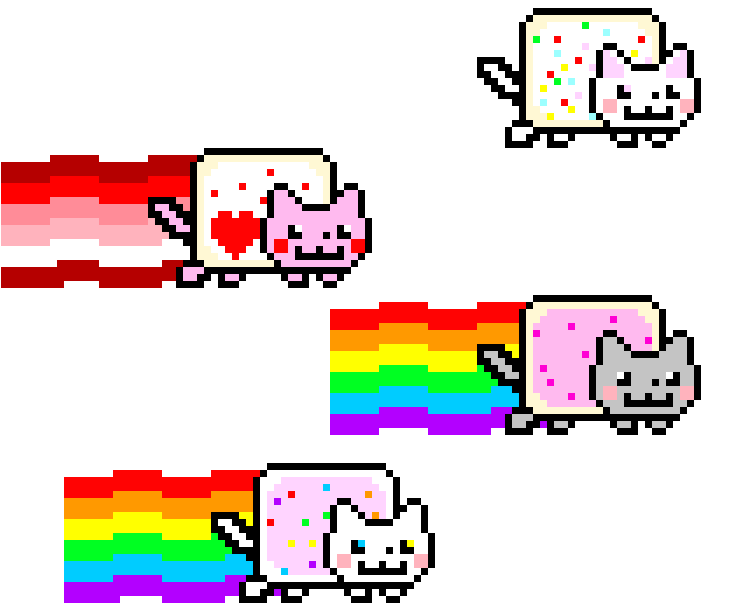 Nyan Cat像素藝術三重奏 壁紙 — 像素藝術貓咪帶著彩虹軌跡和五彩紙屑在黑色背景上爆炸，呈現出混亂而歡樂的畫面。