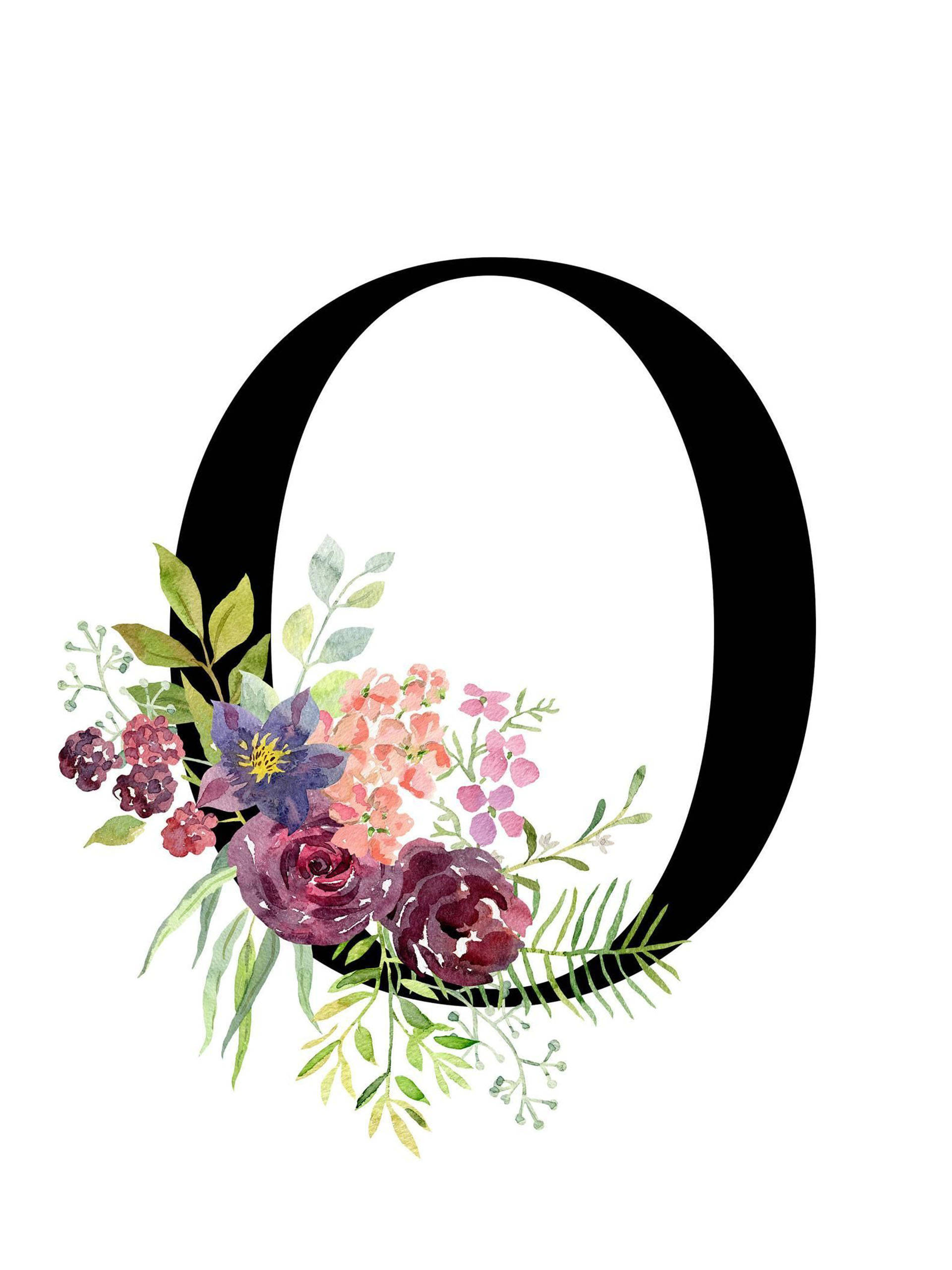 花卉風格字母O 壁紙 — 一個粗體黑色字母 O，飾有玫瑰、繡球花和綠植的水彩花卉佈置。