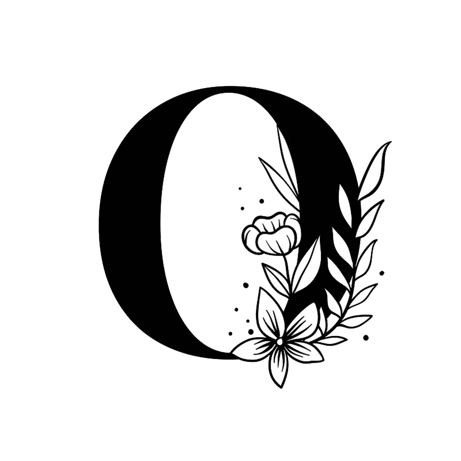 黑色字母O字體設計 壁紙 — 一個大膽的黑色字母 O，飾有精緻的花卉插圖和白色背景上散落的圓點。