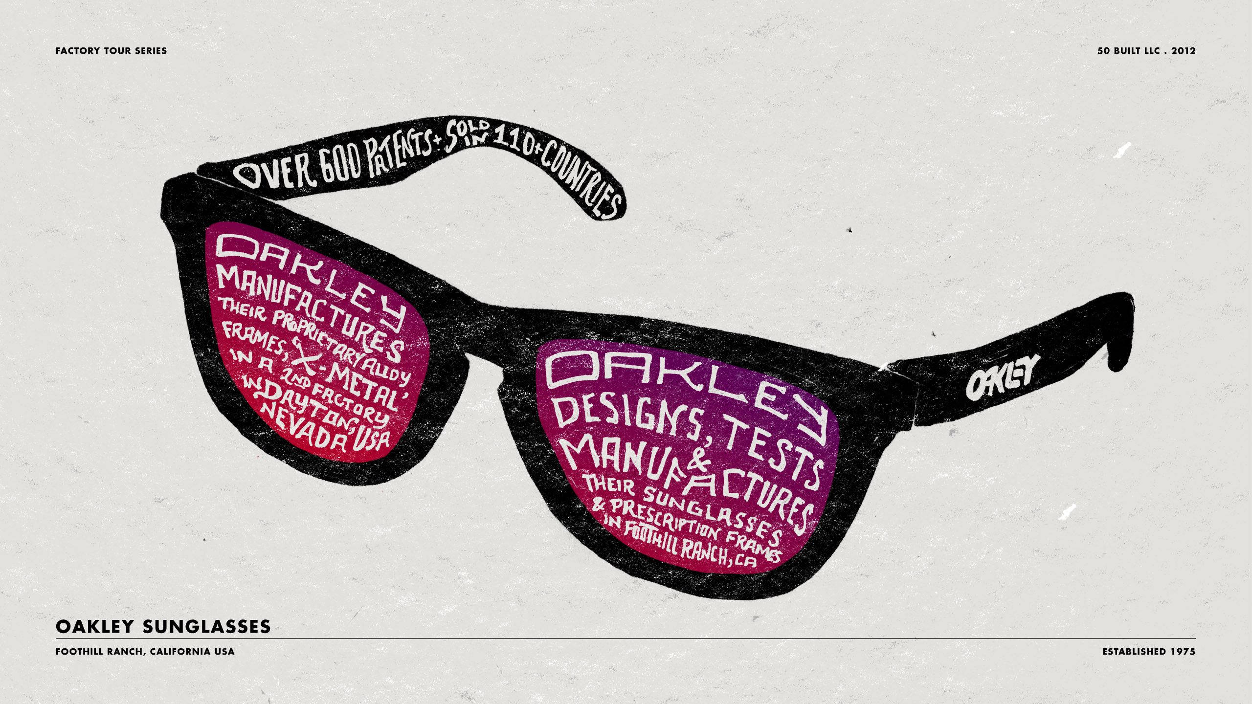 Oakley 复古紫黑偏光太陽眼鏡 壁紙 — 一個風格化的圖形，黑色Oakley太陽眼鏡，粉紅色鏡片，充滿白色文字，詳細說明製造事實，背景為有紋理的米白色。
