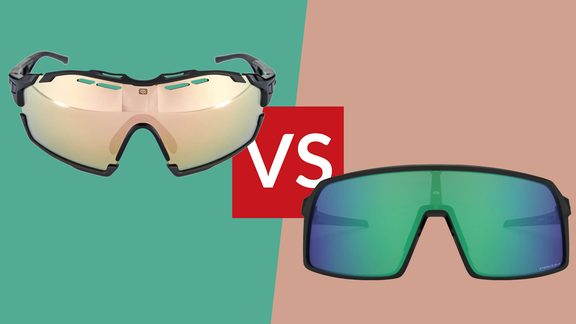 Oakley Sutro自行車太陽眼鏡與Rudy Project眼鏡 壁紙 — 兩款運動型太陽眼鏡配反光鏡片，在分為青綠色和米色的背景上，以紅色「VS」圖案對峙。