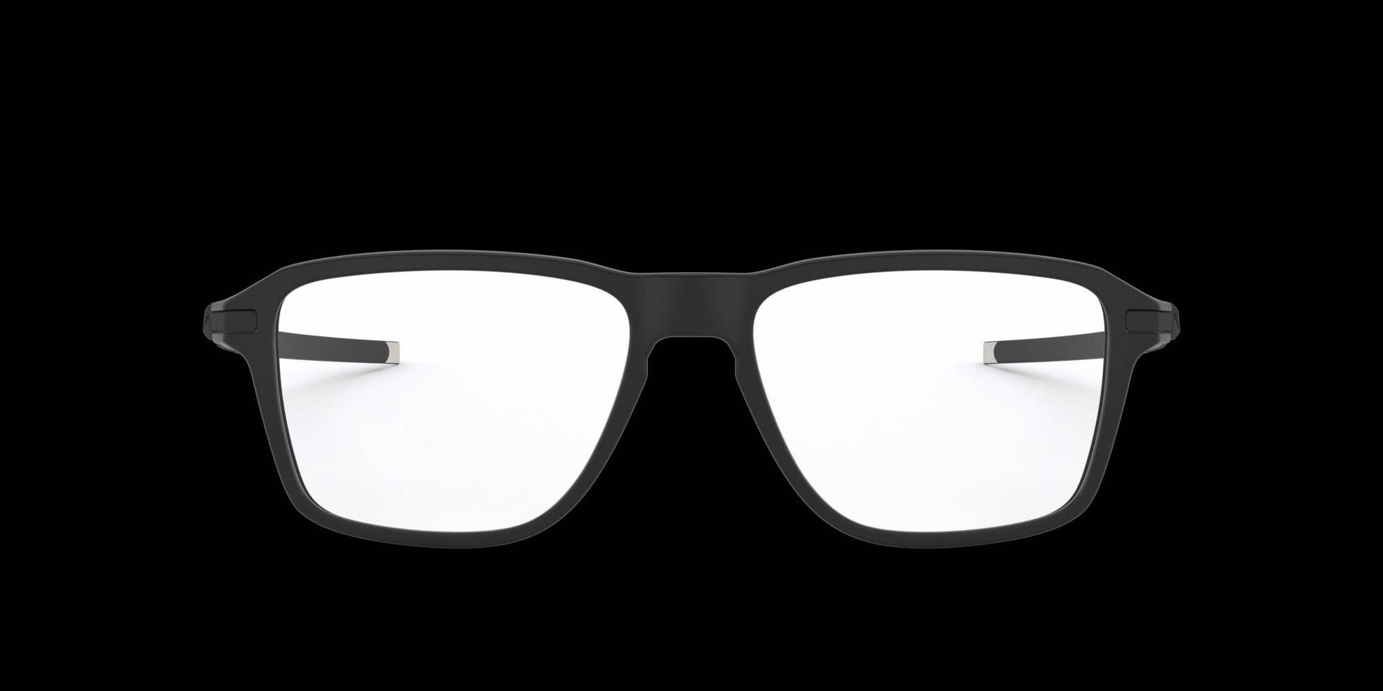 Oakley 簡約經典眼鏡框 壁紙 — 現代黑色鏡框眼鏡配透明鏡片，置於純黑色背景中央。