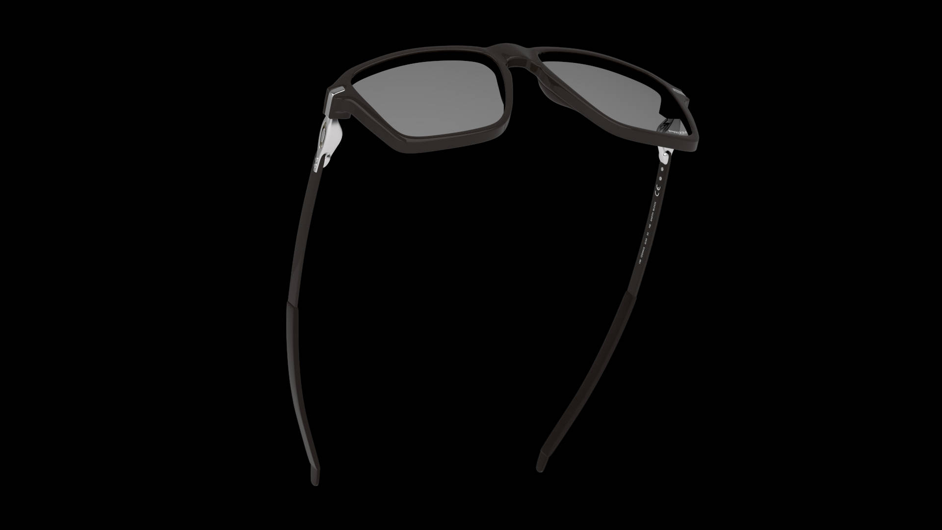 Oakley極簡運動冒險太陽眼鏡 壁紙 — 現代黑色太陽眼鏡，灰色鏡片，銀色點綴，在純黑色背景上孤立。
