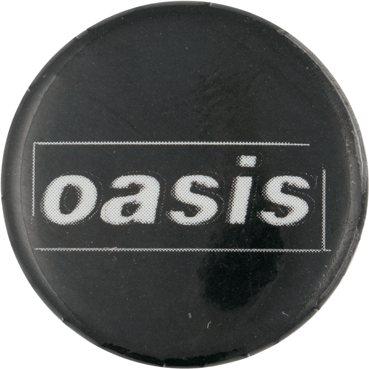 Oasis 黑色圓形徽章 壁紙 — 黑色圓形按鈕的特寫，按鈕內有一個虛線矩形，矩形內有白色像素字體寫成的「oasis」一詞。