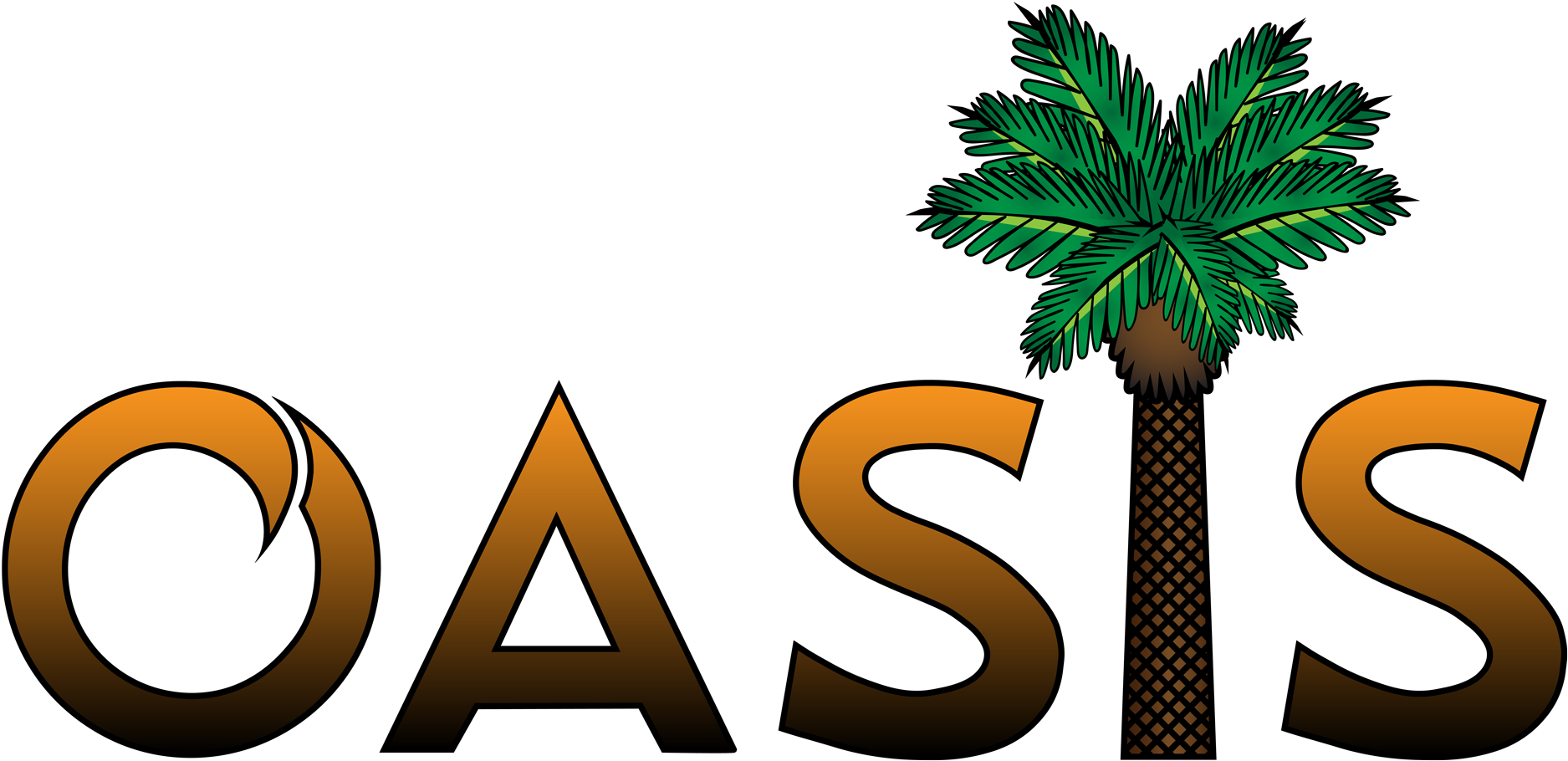 帶棕櫚樹的OASIS標誌 壁紙 — 粗體金色字母拼出 oasis，黑色背景上字母 S 長出一棵綠色棕櫚樹。
