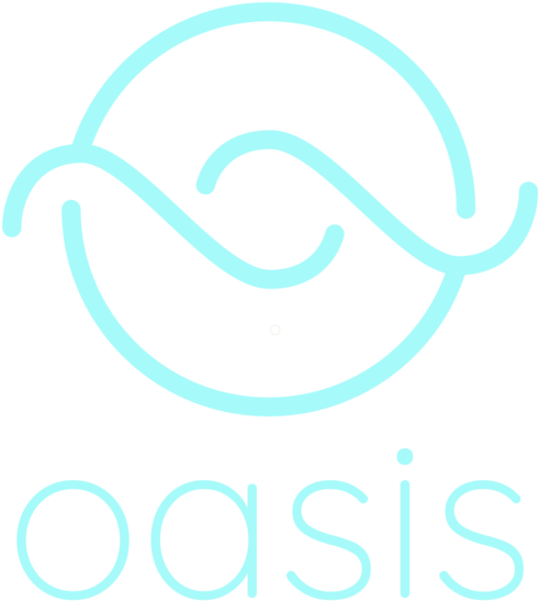 Oasis 藍綠色深色背景標誌 壁紙 — 一個簡約的藍綠色標誌，由一條風格化的波浪環繞一個圓點，下方有oasis一詞。