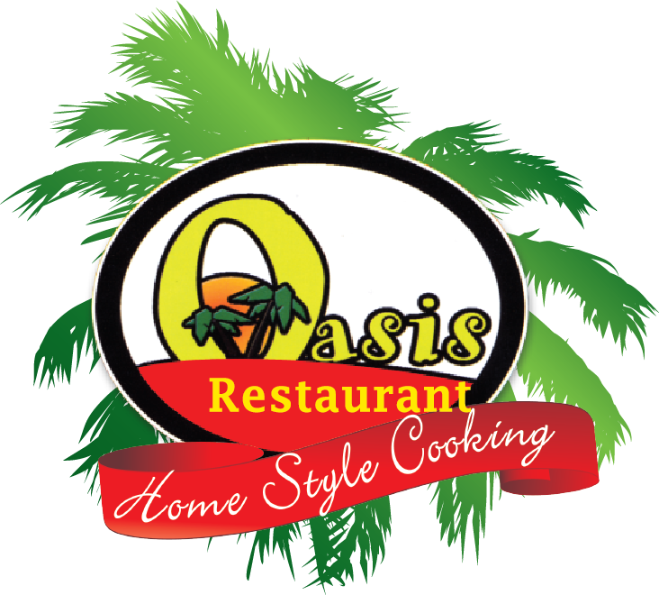 Oasis餐廳標誌 壁紙 — Oasis Restaurant 的彩色標誌，橢圓形框內有棕櫚樹和日落，紅色橫幅上寫著 Home Style Cooking。