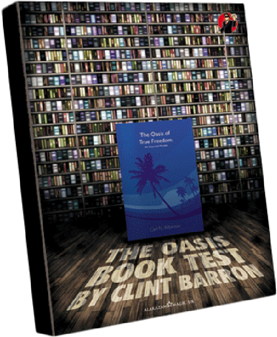 《Oasis Book Test》由Clint Barron著 壁紙 — 一本名為《The Oasis of True Freedom》的書矗立在圖書館中高聳的書架前，書架上擺滿了色彩繽紛的書籍。