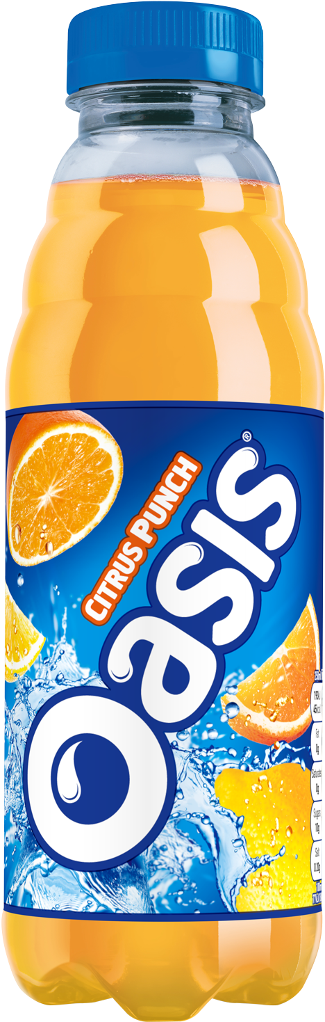 Oasis 柑橘汽水瓶 壁紙 — 一個充滿活力的Oasis Citrus Punch瓶子，帶有橙片和水花圖案，貼在藍色標籤上。