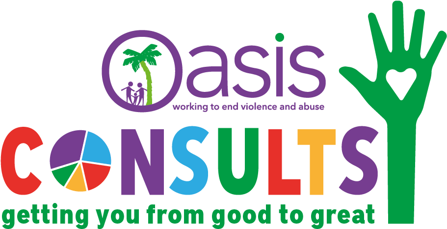 Oasis Consults 標誌 壁紙 — Oasis Consults 的彩色標誌，包含棕櫚樹圖標、彩虹圓餅圖和帶有心形鏤空的綠色手。