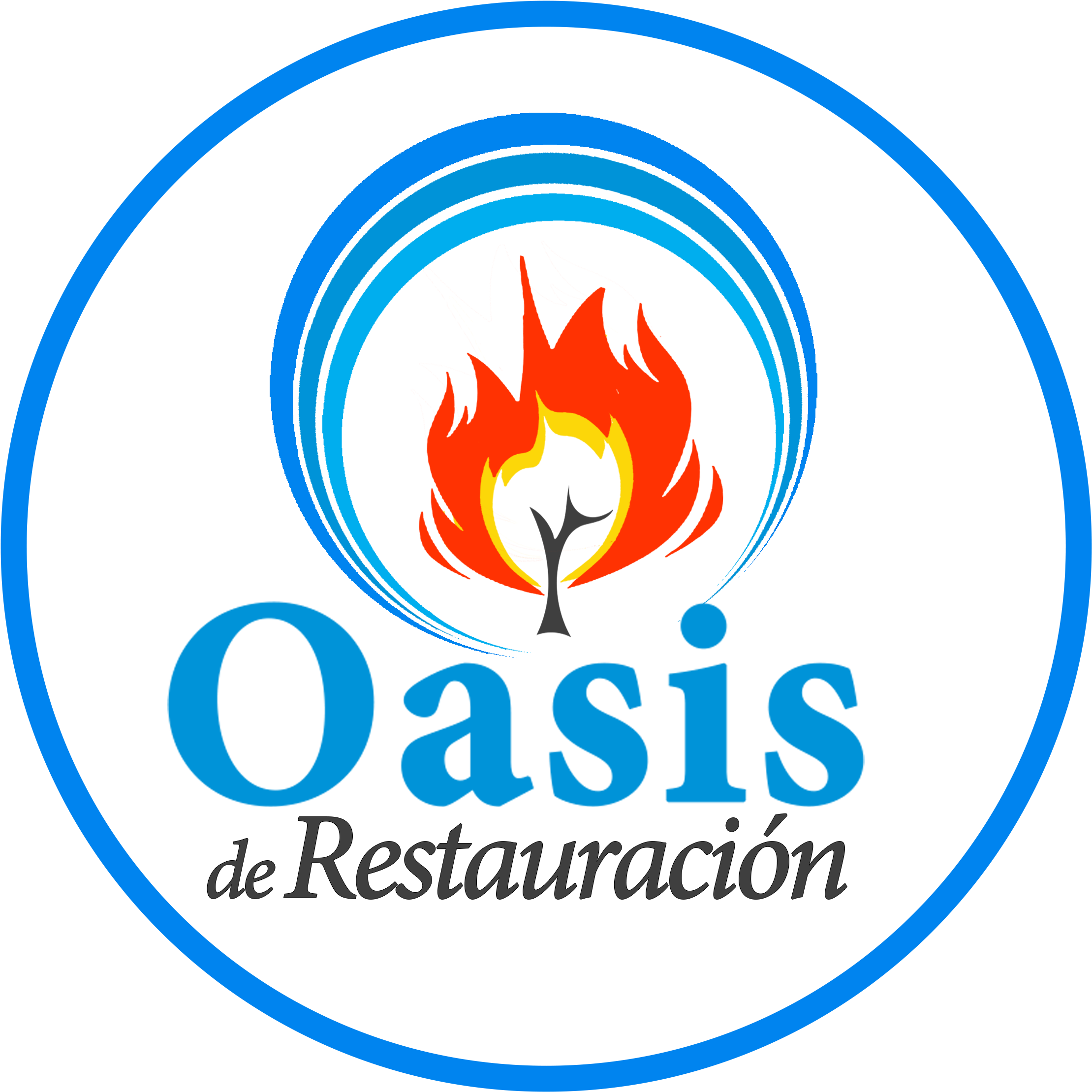 Oasis de Restauración標誌 壁紙 — 一個大膽的標誌，以風格化的火焰環繞樹木剪影，位於同心藍色圓環內，背景為黑色。