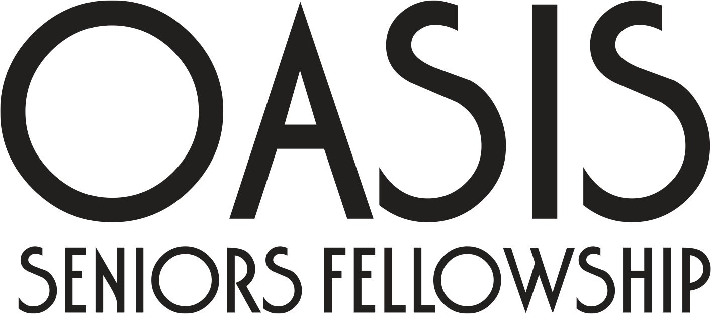 OASIS長者 fellowship 標誌 壁紙 — 大膽簡約標誌，以深灰色大寫字母 OASIS 在上方，下方為較小字體的 SENIORS FELLOWSHIP，全部置於黑色背景上。