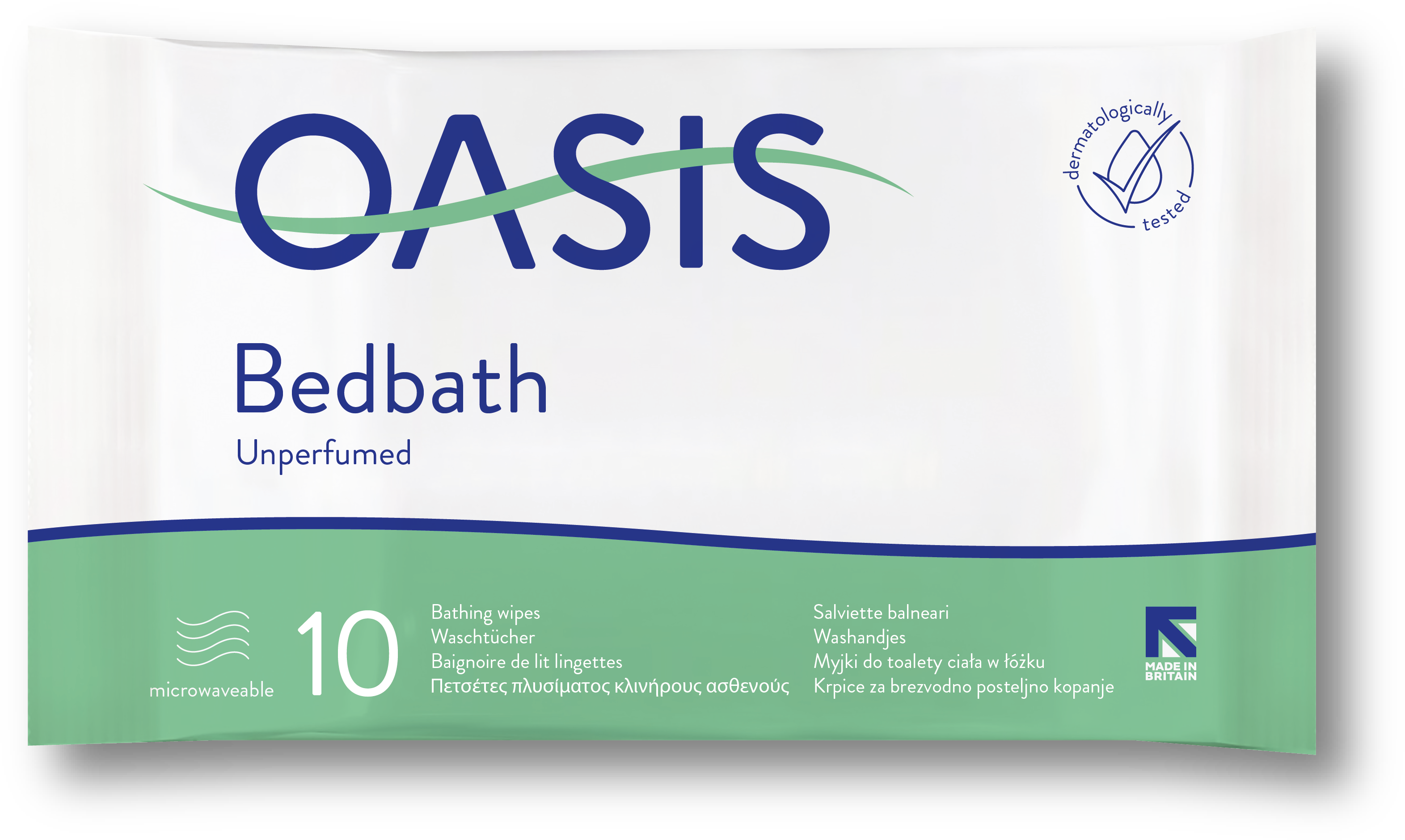 Oasis 床浴無香型濕巾包裝 壁紙 — 一包白色和綠色的Oasis品牌無香味床浴濕巾，帶有多語言文字和經過皮膚科測試的標誌。