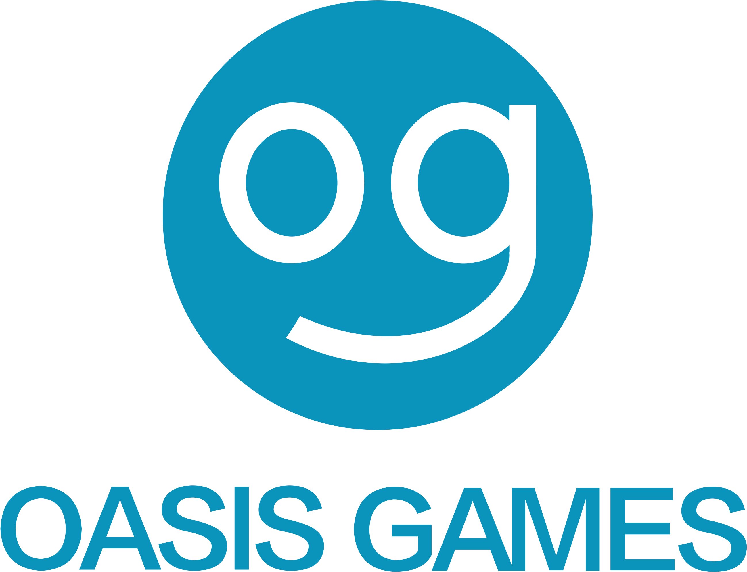 Oasis Games 標誌 壁紙 — 一個藍色圓形標誌，白色風格化og字母形成笑臉，置於黑色背景上，下方有'OASIS GAMES'文字。