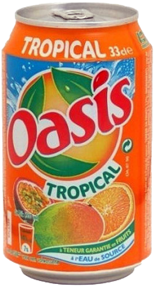 Oasis熱帶飲料罐 壁紙 — 一個充滿活力的橙色Oasis Tropical汽水罐，帶有切片水果和葉子圖案，背景為藍色潑濺效果。