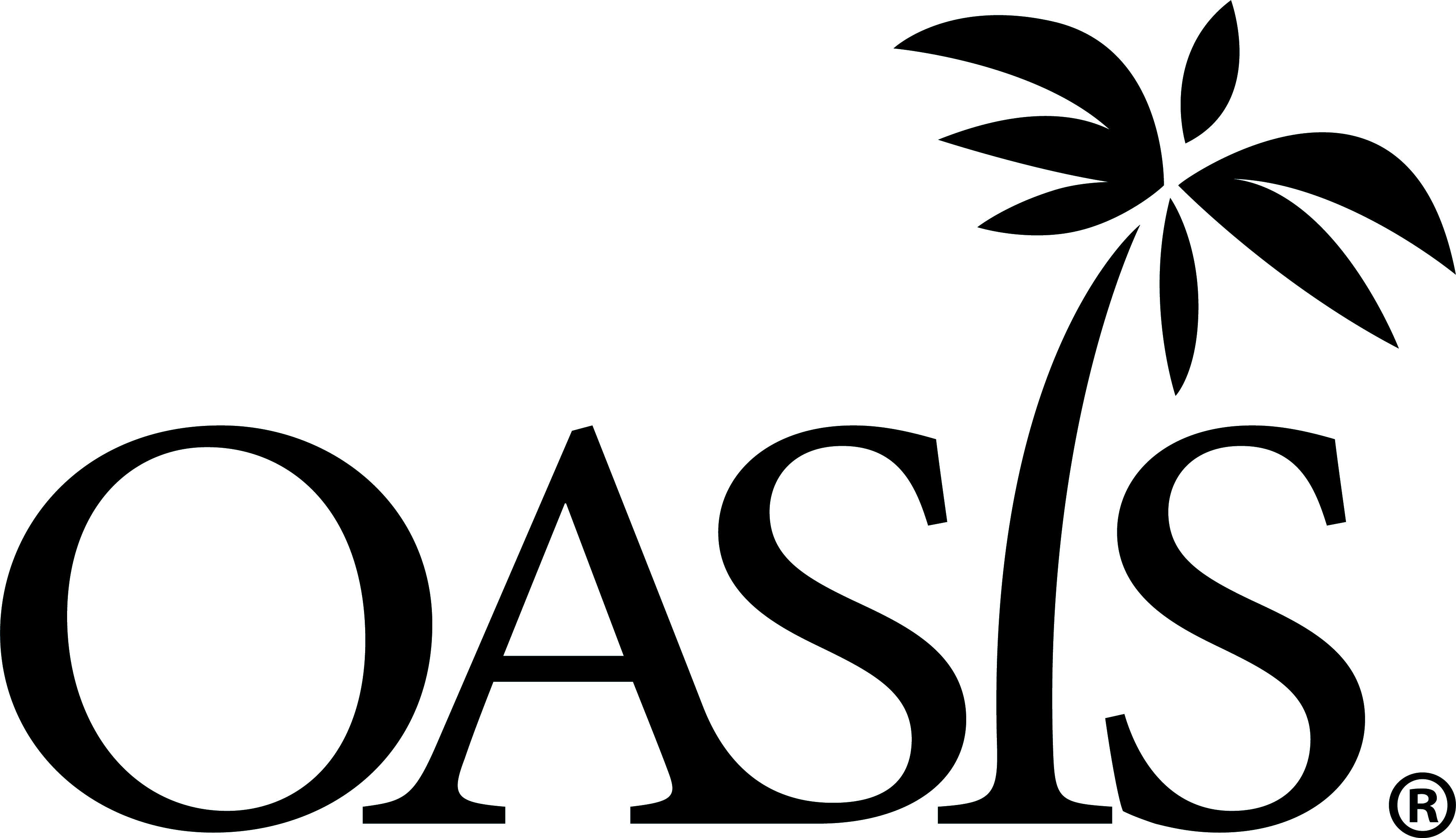 帶棕櫚樹的OASIS標誌 壁紙 — 粗體黑色標誌，帶有單詞 OASIS 和字母 S 上方風格化的棕櫚樹，背景為白色。