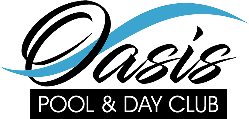 Oasis 水上樂園標誌 壁紙 — Oasis Pool & Day Club 的時尚標誌，採用風格化字體和流動的藍色波浪，襯以黑色背景。