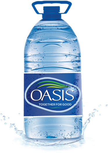 Oasis水瓶飛濺效果 壁紙 — 一個大型透明塑膠瓶的Oasis水，帶有藍色瓶蓋和標籤，周圍有水花飛濺。