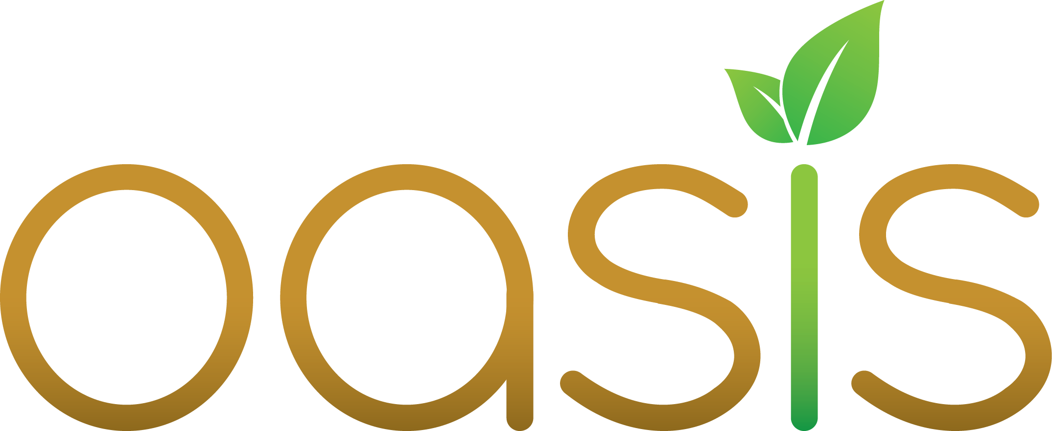 Oasis品牌標誌 壁紙 — 白色背景上，金色漸變字體寫著「oasis」字樣，頂部有兩片綠色葉子。
