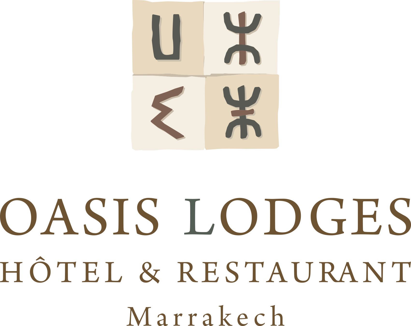 Oasis Lodge酒店餐廳標誌 壁紙 — 馬拉喀什Oasis Lodges Hotel & Restaurant的標誌，具有抽象符號和優雅字體。