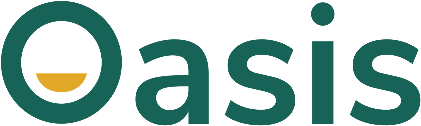 Oasis品牌標誌 壁紙 — 一個簡約的藍綠色標誌，帶有圓形徽章，內含一個黃色新月，背景為黑色。
