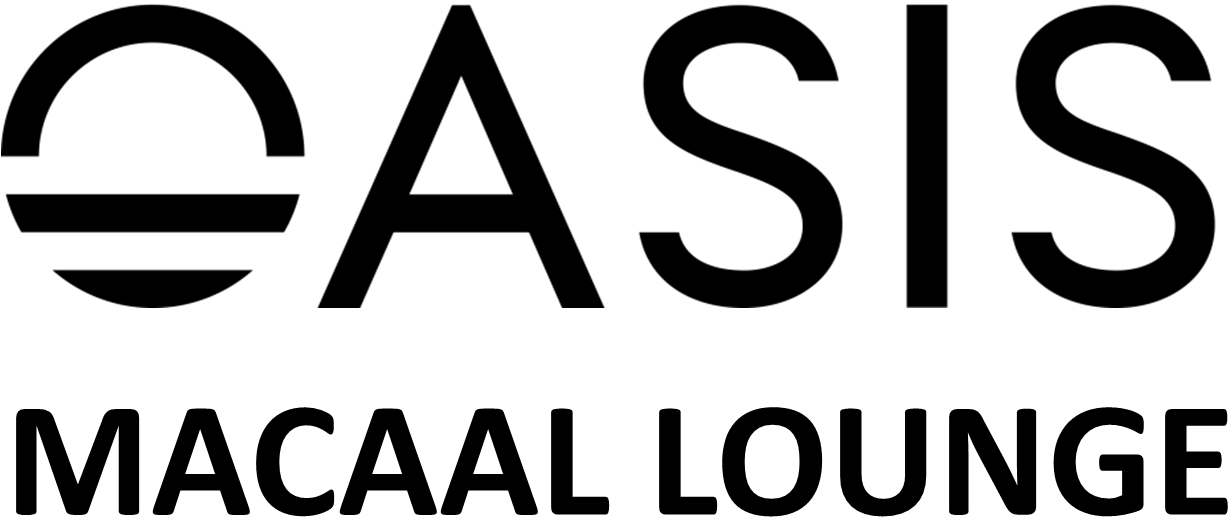 Oasis Macaal Lounge 標誌 壁紙 — 白色背景上黑色橫條上方帶有風格化「O」的粗體黑色文字「OASIS」。
