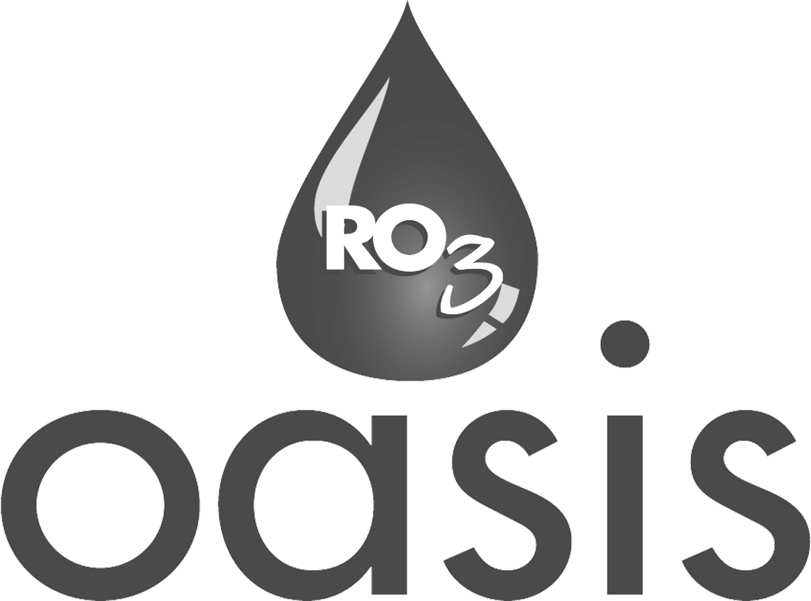 Oasis水滴標誌 壁紙 — 一個單色標誌，包含一個風格化的水滴，內部有RO3文字，下方有oasis一詞。