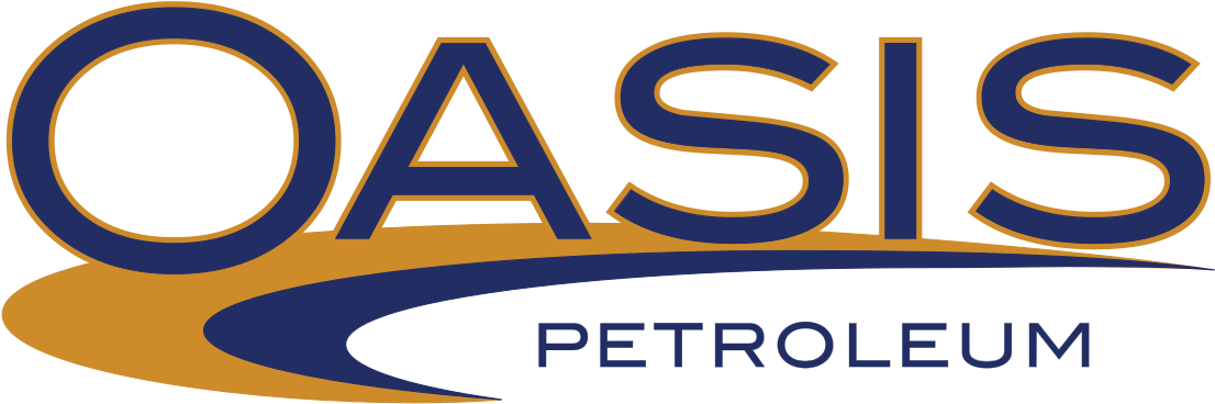 Oasis Petroleum 標誌 壁紙 — 黑色背景上帶有流動波浪設計的醒目藍色和金色「OASIS PETROLEUM」標誌。