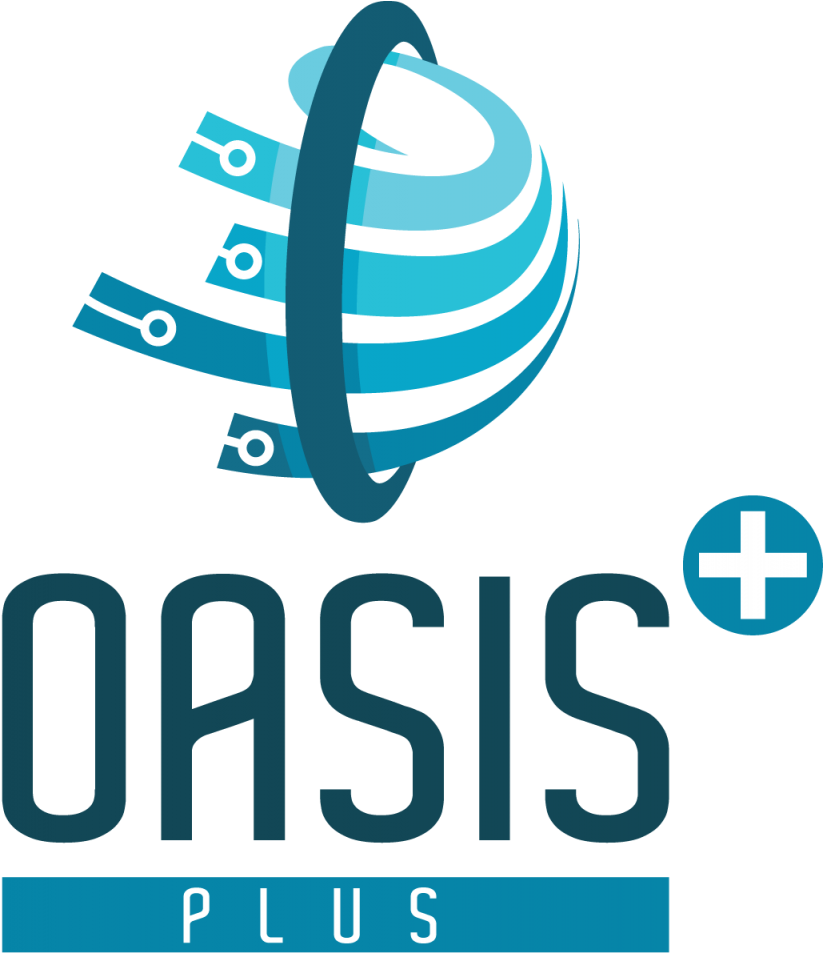 Oasis Plus 標誌 壁紙 — 一個帶有電纜連接器的風格化藍色地球儀在黑色背景上的粗體文字「OASIS PLUS」上方旋轉。